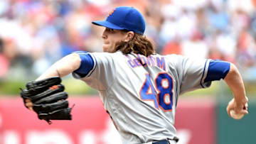 Jul 17, 2016; Philadelphia, PA, USA; New York Mets starting pitcher Jacob deGrom (48) throws a pitch during the first inning against the Philadelphia Phillies at Citizens Bank Park. Mandatory Credit: Eric Hartline-USA TODAY Sports