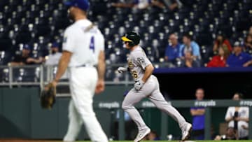 KANSAS CITY, MISSOURI - AUGUST 26: Matt Chapman #26 of the Oakland Athletics rounds the bases after hitting a home run off left-fielder Alex Gordon #4 of the Kansas City Royals while pitching during the 7th inning of the game against the Oakland Athletics at Kauffman Stadium on August 26, 2019 in Kansas City, Missouri. (Photo by Jamie Squire/Getty Images)