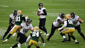 GREEN BAY, WISCONSIN - NOVEMBER 15: Jake Luton #6 of the Jacksonville Jaguars looks to pass during a game against the Green Bay Packers at Lambeau Field on November 15, 2020 in Green Bay, Wisconsin. The Packers defeated the Jaguars 24-20. (Photo by Stacy Revere/Getty Images)
