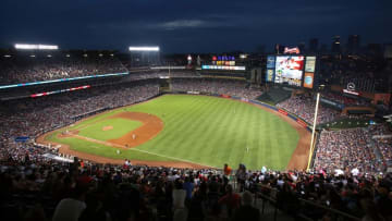 Aug 29, 2015; Atlanta, GA, USA; A general view as the sun sets during a game between the Atlanta Braves and the New York Yankees at Turner Field. Mandatory Credit: Jason Getz-USA TODAY Sports