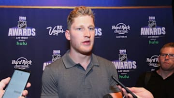 LAS VEGAS, NV - JUNE 19: Nathan MacKinnon of the Colorado Avalanche speaks during media availability at the Hard Rock Hotel & Casino on June 19, 2018 in Las Vegas, Nevada. (Photo by Andre Ringuette/NHLI via Getty Images)