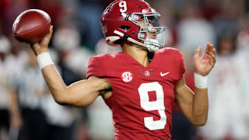 Nov 20, 2021; Tuscaloosa, Alabama, USA; Alabama Crimson Tide quarterback Bryce Young (9) throws a pass against the Arkansas Razorbacks during the second half at Bryant-Denny Stadium. Mandatory Credit: Butch Dill-USA TODAY Sports