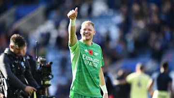 LEICESTER, ENGLAND - OCTOBER 30: Aaron Ramsdale of Arsenal acknowledges the fans after his sides victory in the Premier League match between Leicester City and Arsenal at The King Power Stadium on October 30, 2021 in Leicester, England. (Photo by Michael Regan/Getty Images)