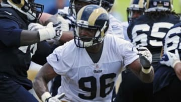 Jun 17, 2014; St. Louis, MO, USA; St. Louis Rams defensive end Michael Sam (96) runs through drills during minicamp at Rams Park. Mandatory Credit: Jeff Curry-USA TODAY Sports