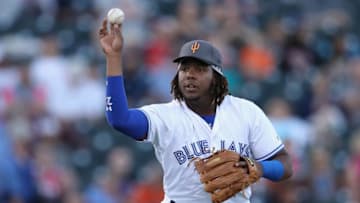 SURPRISE, AZ - NOVEMBER 03: AFL West All-Star, Vladimir Guerrero Jr #27 of the Toronto Blue Jays warms up during the Arizona Fall League All Star Game at Surprise Stadium on November 3, 2018 in Surprise, Arizona. (Photo by Christian Petersen/Getty Images)