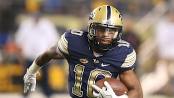 Oct 1, 2016; Pittsburgh, PA, USA; Pittsburgh Panthers wide receiver Quadree Henderson (10) carries the ball against the Marshall Thundering Herd during the third quarter at Heinz Field. Pittsburgh won 43-27. Mandatory Credit: Charles LeClaire-USA TODAY Sports