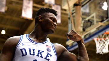 DURHAM, NC - FEBRUARY 16: Zion Williamson #1 of the Duke Blue Devils reacts during their game against the North Carolina State Wolfpack at Cameron Indoor Stadium on February 16, 2019 in Durham, North Carolina. Duke won 94-78. (Photo by Lance King/Getty Images)