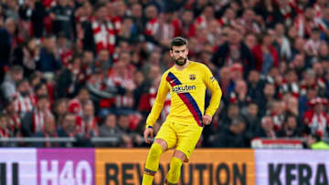 BILBAO, SPAIN - FEBRUARY 06: Gerard Pique of FC Barcelona with the ball during the Copa del Rey Quarter Final match between Athletic Bilbao and FC Barcelona at Estadio de San Mames on February 06, 2020 in Bilbao, Spain. (Photo by Quality Sport Images/Getty Images)