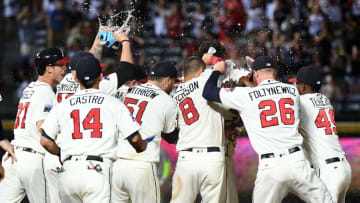 Sep 10, 2016; Atlanta, GA, USA; Atlanta Braves celebrate their walk-off win over the New York Mets during the tenth inning at Turner Field. Braves won 4-3. Mandatory Credit: Shanna Lockwood-USA TODAY Sports