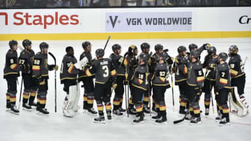 LAS VEGAS, NEVADA - OCTOBER 02: The Vegas Golden Knights celebrate after defeating the San Jose Sharks at T-Mobile Arena on October 02, 2019 in Las Vegas, Nevada. (Photo by Chris Unger/NHLI via Getty Images)