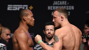 SUNRISE, FL - APRIL 26: (L-R) Jacare Souza of Brazil and Jack Hermansson of Sweden face off during the UFC Fight Night weigh-in at BB&T Center on April 26, 2019 in Sunrise, Florida. (Photo by Jeff Bottari/Zuffa LLC/Zuffa LLC via Getty Images)