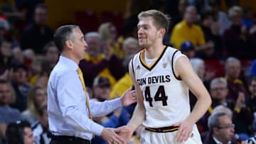 Dec 19, 2015; Tempe, AZ, USA; Arizona State Sun Devils head coach Bobby Hurley shakes hands with Arizona State Sun Devils guard Kodi Justice (44) during the second half against the Houston Baptist Huskies at Wells-Fargo Arena. The Sun Devils won 98-79. Mandatory Credit: Joe Camporeale-USA TODAY Sports