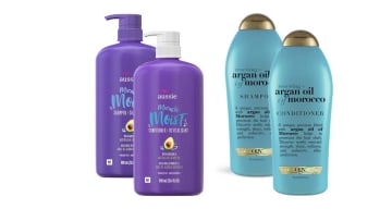 Images courtesy. Aussie Miracle Moist Shampoo, Aussie Miracle Moist Conditioner, OGX Renewing + Argan Oil of Morocco Shampoo, Argan Oil of Morocco Conditioner