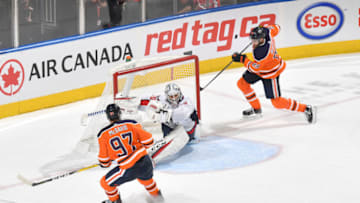 EDMONTON, AB - OCTOBER 24: Leon Draisaitl #29 of the Edmonton Oilers scores the game winning goal during the game against the Washington Capitals on October 24, 2019, at Rogers Place in Edmonton, Alberta, Canada. (Photo by Andy Devlin/NHLI via Getty Images)