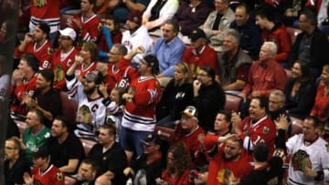 Feb 26, 2015; Sunrise, FL, USA; Chicago Blackhawks fans cheer in the first period of a game between the Blackhawks and Florida Panthers at BB&T Center. Mandatory Credit: Robert Mayer-USA TODAY Sports