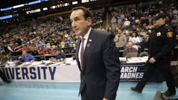 PITTSBURGH, PA - MARCH 15: Head coach Mike Krzyzewski of the Duke Blue Devils walks onto the court for the second half of the game against the Iona Gaels in the first round of the 2018 NCAA Men's Basketball Tournament at PPG PAINTS Arena on March 15, 2018 in Pittsburgh, Pennsylvania. (Photo by Rob Carr/Getty Images)