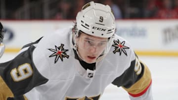 NEWARK, NEW JERSEY - DECEMBER 03: Cody Glass #9 of the Vegas Golden Knights skates against the New Jersey Devils at the Prudential Center on December 03, 2019 in Newark, New Jersey. (Photo by Bruce Bennett/Getty Images)