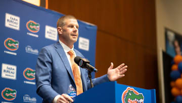 Dec 5, 2021; Gainesville, FL, USA; Florida Gators head coach Billy Napier addresses the media during the introductory press conference at James W. “Bill” Heavener Football Complex. Mandatory Credit: Matt Pendleton-USA TODAY Sports