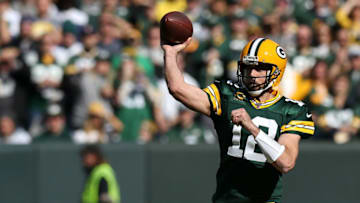 GREEN BAY, WISCONSIN - OCTOBER 20: Aaron Rodgers #12 of the Green Bay Packers throws a pass during the first half against the Oakland Raiders in the game at Lambeau Field on October 20, 2019 in Green Bay, Wisconsin. (Photo by Dylan Buell/Getty Images)
