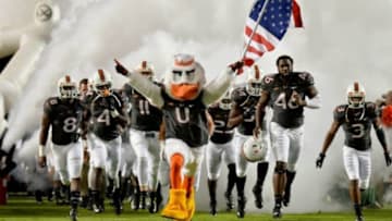 Nov 29, 2014; Miami Gardens, FL, USA; Miami Hurricanes mascot Sebastian takes the field before a game against Pittsburgh Panthers at Sun Life Stadium. Mandatory Credit: Steve Mitchell-USA TODAY Sports