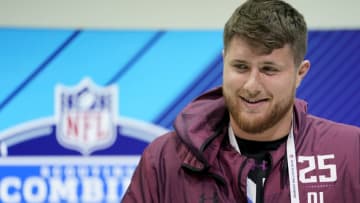 INDIANAPOLIS, IN - MARCH 01: UCLA offensive lineman Kolton Miller speaks to the media during NFL Combine press conferences at the Indiana Convention Center on March 1, 2018 in Indianapolis, Indiana. (Photo by Joe Robbins/Getty Images)