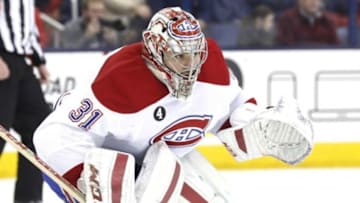 Feb 26, 2015; Columbus, OH, USA; Montreal Canadiens goalie Carey Price (31) watches the puck in the second period against the Columbus Blue Jackets at Nationwide Arena. Mandatory Credit: Aaron Doster-USA TODAY Sports