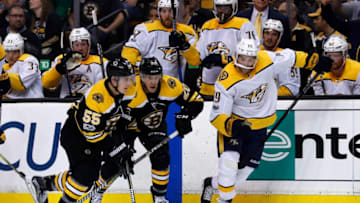 BOSTON, MA - OCTOBER 05: Boston Bruins right wing Noel Acciari (55) gains the blue line watched by Nashville Predators center Calle Jarnkrok (19) during an NHL game between the Boston Bruins and the Nashville Predators on October 5, 2017, at TD Garden in Boston, Massachusetts. The Bruins defeated the Predators 4-3. (Photo by Fred Kfoury III/Icon Sportswire via Getty Images)