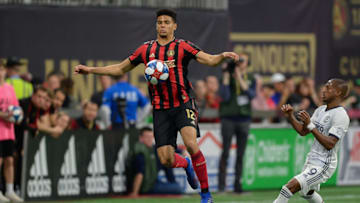 ATLANTA, GA MARCH 17: Atlanta's Miles Robinson (12) settles the ball during the MLS match between Philadelphia Union and Atlanta United FC on March 17th, 2019 at Mercedes Benz Stadium in Atlanta, GA. (Photo by Rich von Biberstein/Icon Sportswire via Getty Images)