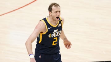 PORTLAND, OREGON - DECEMBER 23: Joe Ingles #2 of the Utah Jazz reacts during the first half of the game against the Portland Trail Blazers at Moda Center on December 23, 2020 in Portland, Oregon. NOTE TO USER: User expressly acknowledges and agrees that, by downloading and or using this photograph, User is consenting to the terms and conditions of the Getty Images License Agreement. (Photo by Steph Chambers/Getty Images)