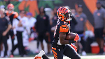 Sep 15, 2019; Cincinnati, OH, USA; Cincinnati Bengals wide receiver John Ross (11) breaks free for a touchdown during the fourth quarter against the San Francisco 49ers at Paul Brown Stadium. Mandatory Credit: Joe Maiorana-USA TODAY Sports