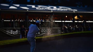 INZAI, JAPAN - OCTOBER 21: Hideki Matsuyama of Japan hits out from a bunker on the 18th hole during The Challenge: Japan Skins at Accordia Golf Narashino Country Club on October 21, 2019 in Inzai, Chiba, Japan. (Photo by Atsushi Tomura/Getty Images)