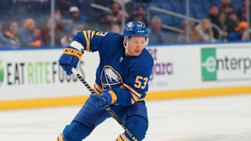 BUFFALO, NY - FEBRUARY 17: Jeff Skinner #53 of the Buffalo Sabres during the game against the Ottawa Senators at KeyBank Center on February 17, 2022 in Buffalo, New York. (Photo by Kevin Hoffman/Getty Images)