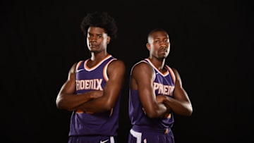 TARRYTOWN, NY - AUGUST 11: Josh Jackson #20 and Davon Reed #32 of the Phoenix Suns poses for a photo during the 2017 NBA Rookie Photo Shoot at MSG training center on August 11, 2017 in Tarrytown, New York. NOTE TO USER: User expressly acknowledges and agrees that, by downloading and or using this photograph, User is consenting to the terms and conditions of the Getty Images License Agreement. (Photo by Brian Babineau/Getty Images)