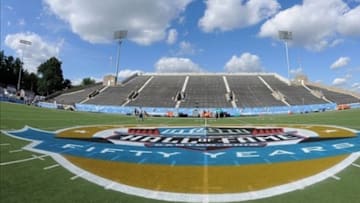 Aug 4, 2013; Canton, OH, USA; General view of the 2013 Hall of Fame Game logo at Fawcett Stadium. Mandatory Credit: Kirby Lee-USA TODAY Sports