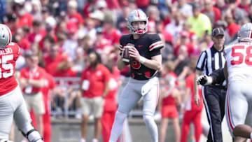Apr 15, 2023; Columbus, Ohio, United States; Ohio State Buckeyes quarterback Kyle McCord (6) looks for a play during the first quarter of the Ohio State Buckeyes spring game at Ohio Stadium on Saturday morning. Mandatory Credit: Joseph Scheller-The Columbus Dispatch