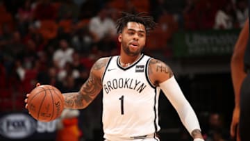 MIAMI, FL - MARCH 31: D'Angelo Russell #1 of the Brooklyn Nets handles the ball against the Miami Heat on March 31st, 2018 at American Airlines Arena in Miami, Florida. NOTE TO USER: User expressly acknowledges and agrees that, by downloading and or using this Photograph, user is consenting to the terms and conditions of the Getty Images License Agreement. Mandatory Copyright Notice: Copyright 2018 NBAE (Photo by Issac Baldizon/NBAE via Getty Images)