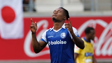 Gent's Nigerian forward Gift Emmanuel Orban celebrates after scoring during the Belgian "Pro League" First Division football match between KAA Gent and Sint-Truidense VV (STVV) at KAA Stadium in Ghent on August 20, 2023. (Photo by KURT DESPLENTER / BELGA / AFP) / Belgium OUT (Photo by KURT DESPLENTER/BELGA/AFP via Getty Images)