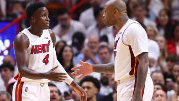 Victor Oladipo #4 of the Miami Heat celebrates with P.J. Tucker #17 against the Philadelphia 76ers(Photo by Michael Reaves/Getty Images)