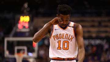 PHOENIX, AZ - OCTOBER 18: Derrick Jones Jr. #10 of the Phoenix Suns reacts as he walks down court during the second half of the NBA game against the Portland Trail Blazers at Talking Stick Resort Arena on October 18, 2017 in Phoenix, Arizona. NOTE TO USER: User expressly acknowledges and agrees that, by downloading and or using this photograph, User is consenting to the terms and conditions of the Getty Images License Agreement. (Photo by Christian Petersen/Getty Images)