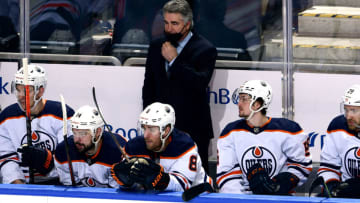 ELMONT, NEW YORK - JANUARY 01: Head coach Dave Tippett of the Edmonton Oilers looks on during the first period against the New York Islanders an at UBS Arena on January 01, 2022 in Elmont, New York. (Photo by Steven Ryan/Getty Images)