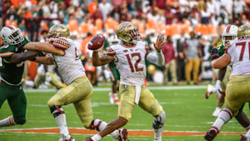 MIAMI, FL - OCTOBER 06: Deondre Francois #12 of the Florida State Seminoles throws a pass in the first half against the Miami Hurricanes at Hard Rock Stadium on October 6, 2018 in Miami, Florida. (Photo by Mark Brown/Getty Images)