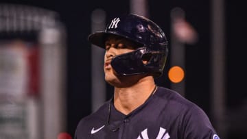 TAMPA, FLORIDA - FEBRUARY 24: Giancarlo Stanton #27 of the New York Yankees reacts after getting out in the third inning during the Pittsburgh Piratesspring training game against the at Steinbrenner Field on February 24, 2020 in Tampa, Florida. (Photo by Mark Brown/Getty Images)