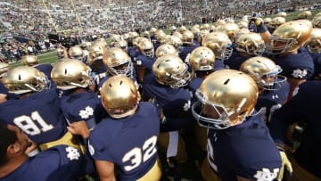 Sep 26, 2015; South Bend, IN, USA; Notre Dame Fighting Irish players huddle up as a team before the game against the Massachusetts Minutemen at Notre Dame Stadium. Mandatory Credit: Brian Spurlock-USA TODAY Sports