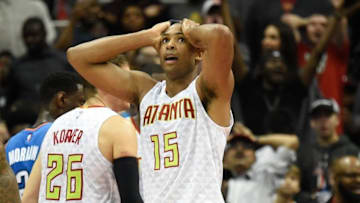 Nov 30, 2015; Atlanta, GA, USA; Atlanta Hawks center Al Horford (15) reacts after being called for a foul on Oklahoma City Thunder forward Serge Ibaka (9) (not shown) late in the game during the second half at Philips Arena. The Hawks defeated the Thunder 106-100. Mandatory Credit: Dale Zanine-USA TODAY Sports