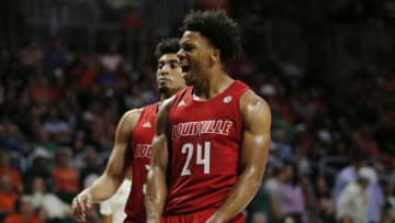 MIAMI, FLORIDA - NOVEMBER 05: Dwayne Sutton #24 of the Louisville Cardinals reacts against the Miami Hurricanes during the first half at Watsco Center on November 05, 2019 in Miami, Florida. (Photo by Michael Reaves/Getty Images)