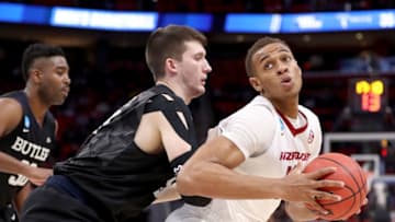DETROIT, MI - MARCH 16: Nate Fowler #51 of the Butler Bulldogs shoves Daniel Gafford #10 of the Arkansas Razorbacks during the second half of the game in the first round of the 2018 NCAA Men's Basketball Tournament at Little Caesars Arena on March 16, 2018 in Detroit, Michigan. (Photo by Elsa/Getty Images)