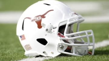 Nov 10, 2012; Austin, TX, USA; Texas Longhorns helmet featuring a DKR logo in honor of former head coach Darrell Royal before a game against the Iowa State Cyclones at Darrell K Royal-Texas Memorial Stadium. Mandatory Credit: Brett Davis-USA TODAY Sports