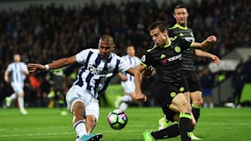 WEST BROMWICH, ENGLAND - MAY 12: Jose Salomon Rondon of West Bromwich Albion shoots as Cesar Azpilicueta of Chelsea attempts to block during the Premier League match between West Bromwich Albion and Chelsea at The Hawthorns on May 12, 2017 in West Bromwich, England. (Photo by Michael Regan/Getty Images)