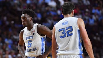 LAS VEGAS, NEVADA - NOVEMBER 22: Nassir Little #5 and Luke Maye #32 of the North Carolina Tar Heels stand on the court during their game against th eTexas Longhorns during the 2018 Continental Tire Las Vegas Invitational basketball tournament at the Orleans Arena on November 22, 2018 in Las Vegas, Nevada. Texas defeated North Carolina 92-89. (Photo by Sam Wasson/Getty Images)