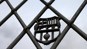 BARCELONA, SPAIN - MARCH 15: A FC Barcelona badge at the entrance to the La Masia, the former FC Barcelona training facilities located near the Camp Nou on March 15, 2016 in Barcelona, Spain. (Photo by Catherine Ivill - AMA/Getty Images)